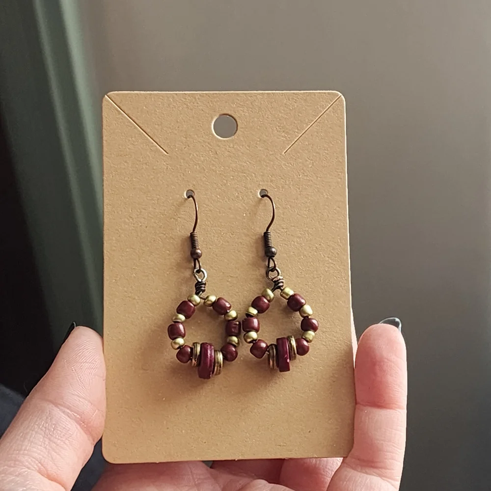 Handmade Beaded Hoop Earrings, Wood And Metal - Picture 6 of 6